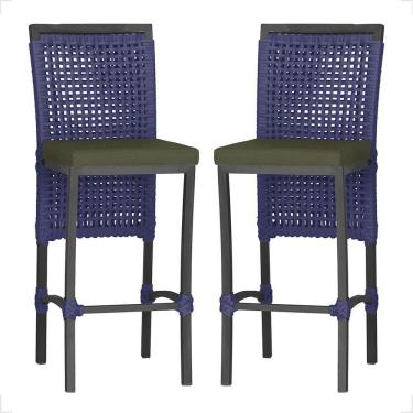 Imagem de 2 Banqueta Em Alumínio Roma Preta Corda Náutica Tecido 13 Azul