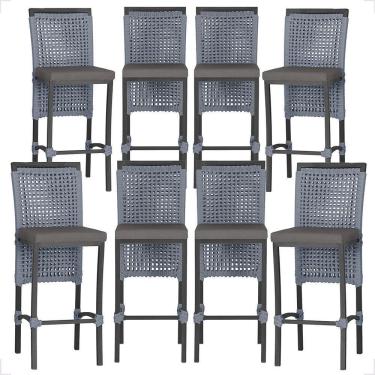 Imagem de 8 Banquetas Em Alumínio Roma Preta Corda Náutica Tecido 11 Prata
