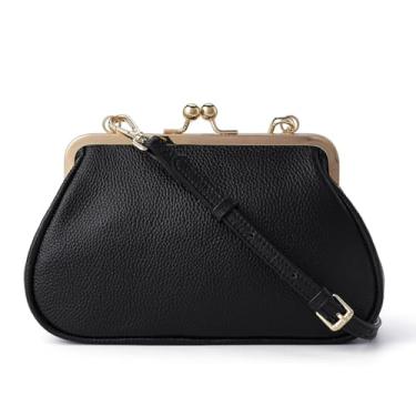 Imagem de Bolsa tiracolo feminina Kiss Lock, de couro legítimo, com fecho de beijo, bolsa de ombro elegante, vintage, Preto