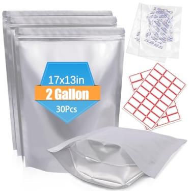 Imagem de NexLevVac 30 sacos Mylar de 2 galões 43 x 33 cm para armazenamento de alimentos com absorventes de oxigênio e lables, 10 mil de espessura resselável com zíper e sacos seláveis a quente para