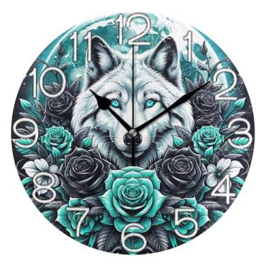 Imagem de GAIGEO Relógio de parede analógico decorativo operado por bateria relógio de cozinha, decoração de parede vintage sala de estar turquesa flor lobo legal, 25 cm, ponteiros pretos