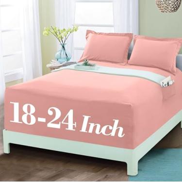 Imagem de Mocassi Lençol com elástico luxuoso 1800 de qualidade premium de hotel – Ultramacio, microfibra resistente a vincos, bolso extra profundo de 45 a 60 cm, lençol com elástico, King, rosa pêssego