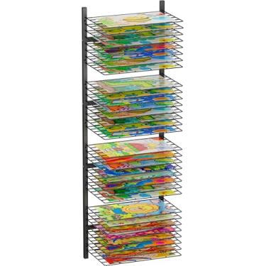 Imagem de mocomax Suporte de parede para secagem de arte, 32 prateleiras removíveis, prateleira de secagem de tinta metálica, organizador de armazenamento de papel de arte que economiza espaço para salas de