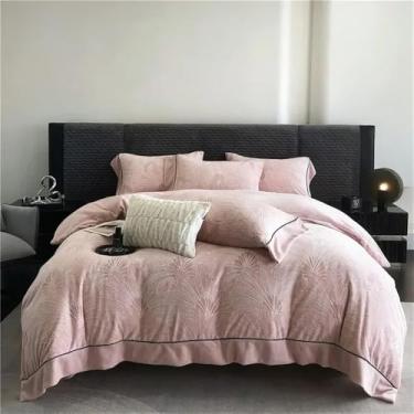 Imagem de Conjunto de cama Queen Style, roupa de cama macia, capa de edredom de inverno, lençóis duplos, edredom com borda larga, cor ameixa, tamanho Queen, 4 peças