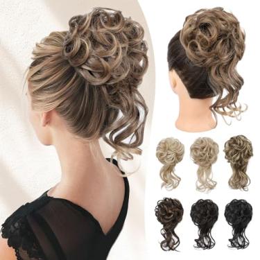 Imagem de Peça de cabelo para coque bagunçado – clássico despenteado, elástico, coque bagunçado, elástico e apertado, extensões de rabo-de-cavalo, acessórios de cabelo para mulheres – castanho claro com pontas