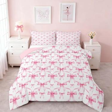 Imagem de Feelyou Conjunto de edredom com laço rosa, tamanho solteiro, fofo, com laço, para crianças, adolescentes, meninas, decoração de quarto, 2 peças com 1 fronha