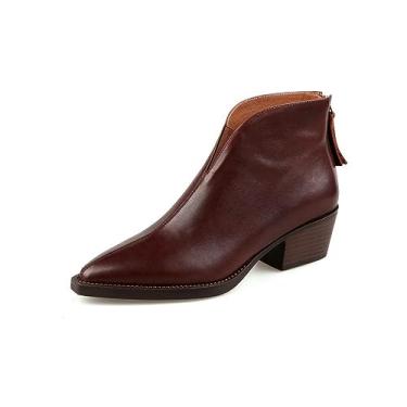 Imagem de TinaCus Botas femininas de couro genuíno feitas à mão, bico fino, corte em V, zíper nas costas, salto baixo grosso, cano curto, Vermelho/marrom, 38