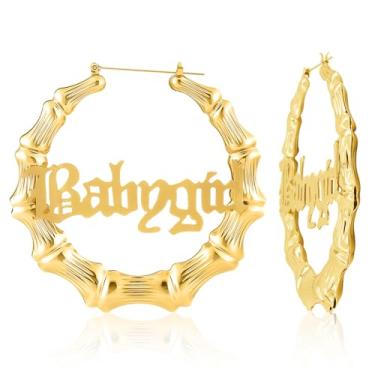 Imagem de Brincos de argola de bambu, brincos grandes de bambu hip hop para mulheres, banhado a prata, conjunto de brincos de argola de bambu grandes para rapper dos anos 80 e 90, acessórios de rapper, uso