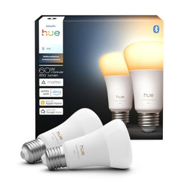 Imagem de Philips Hue Lâmpada LED inteligente A19, ambiente branco, base E26, 7,2 W, luz de espectro total 1000K-20000K, 810 lúmens, regulável, funciona com Alexa, Google Assistant e Apple Home, pacote com 2