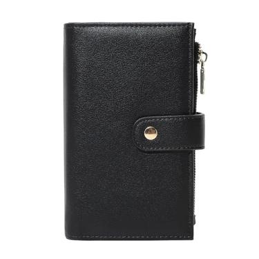 Imagem de Carteira feminina com bloqueio de RFID, vários cartões, porta-cartões de crédito, carteira feminina de couro de grande capacidade com três dobras e porta-canetas, Preto, Carteira RFID