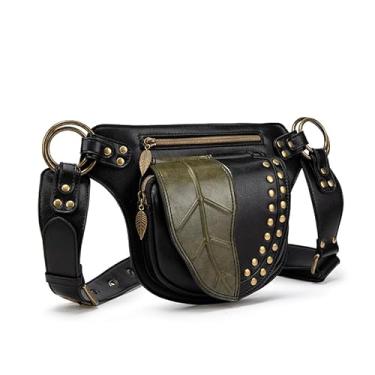 Imagem de SandraWang Bolsa de cintura de couro estilo renascentista com design de folha, pochete retrô com detalhes dourados | verde | vermelho | laranja | café, Verde, Renascentista