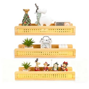 Imagem de Zoyiancy 2 prateleiras de parede de vime, prateleiras flutuantes montadas na parede de madeira natural, prateleiras decorativas de vime para quarto, cozinha, sala de estar, escritório