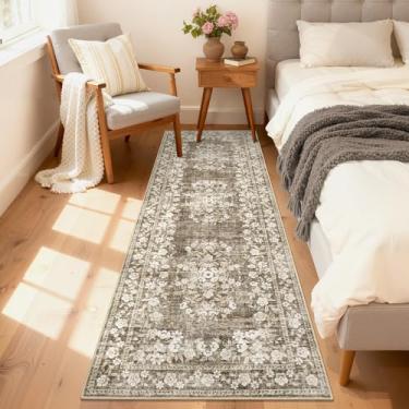 Imagem de GarveeHome Tapete floral 5 x 15 cm para quarto, vintage, bordado, lavável, boho, floral, antiderrapante, botânico, corredor, tapete floral para entrada de cozinha, marrom