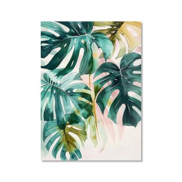 Imagem de Arte de parede de folhas tropicais – Impressão de folha de palmeira verde aquarela, pôster Monstera, decoração de plantas tropicais modernas para sala de estar em casa (SKU1,12 x 18 pol. = (30 x 45 cm