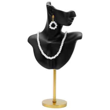 Imagem de UNICRAFTALE Suporte de exibição de manequim de joias em resina preta modelo de corpo lateral em forma de busto suportes de exibição de joias com base de metal para brincos, colares 7,7 x 17,5 x 32,5