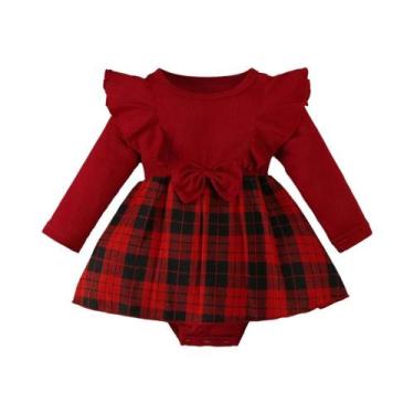 Imagem de Macacão De Natal Xadrez Vermelho Para Bebês Meninas De 0 a 3 Anos, Mod