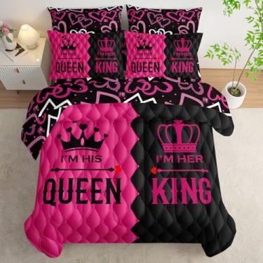 Imagem de AILONEN Conjunto de edredom queen e king size, cama romântica para ele, rosa e preto, 7 peças, edredom macio, lençol de cima e 2 fronhas, 2 fronhas para decoração de quarto
