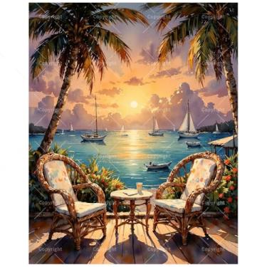 Imagem de Kit de pintura tropical por números para adultos - DIY pôr do sol sobre o oceano com palmeiras e cadeiras pintura em tela 40,6 x 50,8 cm, conjunto de tinta acrílica, adequado para iniciantes, arte