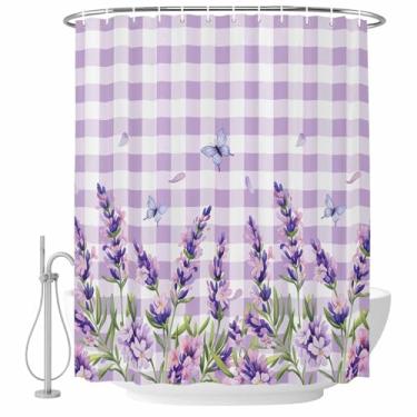 Imagem de Cortina de chuveiro de flor lavanda roxa borboleta conjunto de cortinas de chuveiro xadrez de tecido impermeável para banheiro decoração de banheira acessórios de casa 182 x 182 cm