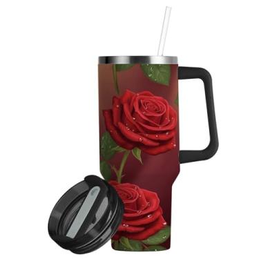 Imagem de ATTX Copo de flor de dia dos namorados de 850 g com alça, copo de aço inoxidável a vácuo de parede dupla com palha, caneca de café de viagem isolada #111