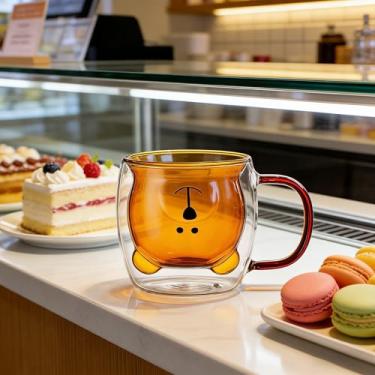 Imagem de Copo de urso de vidro de 238 g, caneca de vidro de parede dupla com alça marrom para chá, leite, café, suco, água