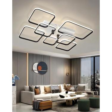 Imagem de Luminária de teto LED moderna e regulável com controle remoto, estrutura quadrada, ideal para sala de estar, quarto, cozinha, escritório e restaurante (7 lâmpadas).