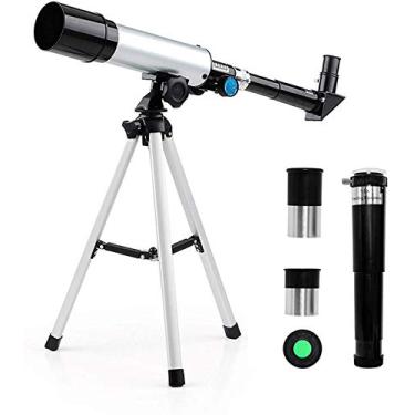 Imagem de pcagfaajmh Telescópio para crianças, telescópio astronômico de paisagem 90x, 2 oculares de ampliação e lente Barlow de 1,5 X com tripé para crianças iniciantes