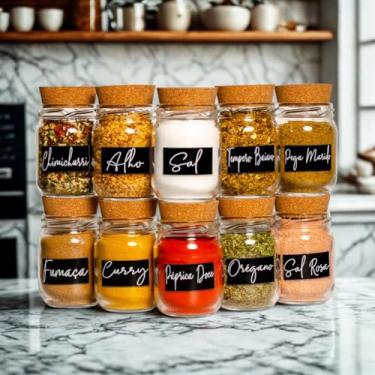 Imagem de Kit 10 Potes de Vidro para Temperos 200ml com 42 Adesivos Organizadores, Porta Condimentos Transparente para Cozinha e Despensa (10 Potes + Cartela Preta)