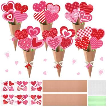 Imagem de Funrous 48 Set Valentine's Day Heart Shaped Flower Bouquet Crafts Making Kit DIY Paper Flowers for Crafts Make Your Own Bouquet for Valentine's Day Party Activity Gift Handmade Project