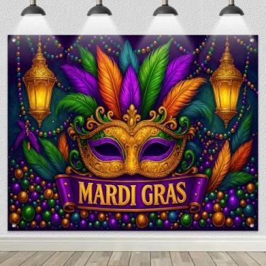 Imagem de BlissYard Máscara colorida de carnaval, 2,4 x 1,8 m, cenário fotográfico, tema de baile de máscaras, faixa de decoração de festa com design de penas para festivais, celebrações, eventos, cabine de