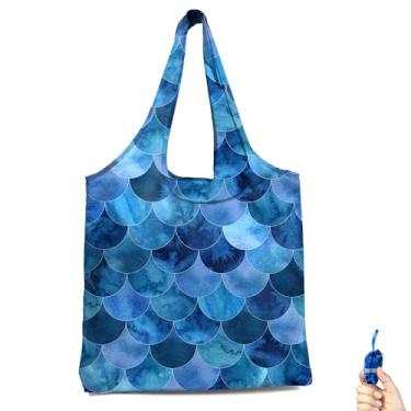 Imagem de BeeGreen Bolsa de compras reutilizável em escala de sereia – Sacola de grande capacidade – Bolsa esportiva leve e compacta dobrável