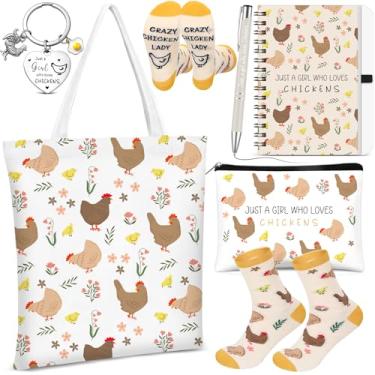 Imagem de Gilprop 6 peças de presente engraçado de galinha sacola de compras chaveiro bolsa cosmética espiral caderno caneta esferográfica meias Just a Girl Who Loves Chickens presente de aniversário e Natal