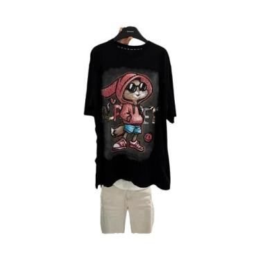 Imagem de Camiseta De Algodão plus Size Feminina Com Strass, Manga Curta, Compri