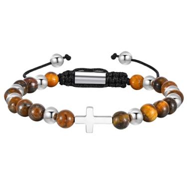 Imagem de JAYUMO Pulseira masculina ajustável com contas e contas de olho de tigre de pedra natural para homens e mulheres, Large, Pedra, Sem Pedra Preciosa