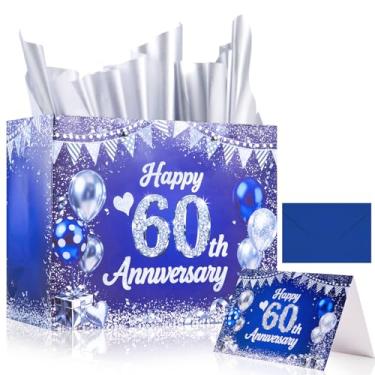Imagem de Lednica Sacos grandes de papel para presente de aniversário de 60 anos - Saco de embrulho de presente prata azul com envelope de papel de seda e cartão - Perfeito para aniversário de casamento dourado