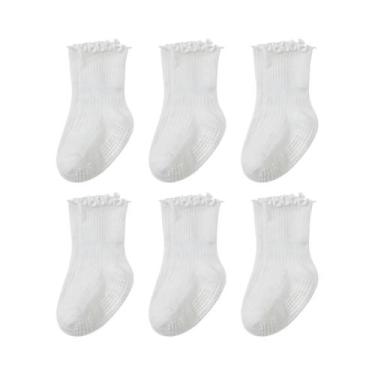 Imagem de Meias De Algodão Para Meninas, 6 Pares, Renda, Gel Antiderrapante, Des