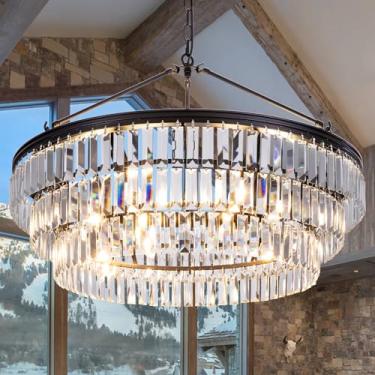 Imagem de TOCHIC Lustre de cristal de fazenda, lustre de sala de jantar de cristal preto de 73,7 cm, lustre de hall de entrada moderno, candelabro redondo ajustável para quarto, cozinha, entrada, escada