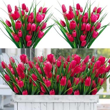 Imagem de YILIUFA 12 pacotes de 60 cabeças de tulipas artificiais, flores falsas, ao ar livre, resistente a UV, tulipa de seda, vegetação de plástico sintético, plantas para plantação externa, varanda, jardim