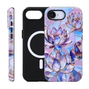 Imagem de Fourmor Capa para iPhone 16e - Carregamento sem fio para MagSafe, capa externa rígida de policarbonato + capa protetora interna de TPU macio de 2 camadas, estampa abstrata de lótus roxo 3D, compatível