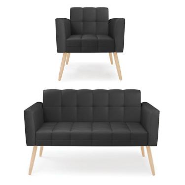Imagem de Kit 1 Sofá Namoradeira E 1 Poltrona Elisa Corino Pés Palito Natural - D'rossi Cor Preto