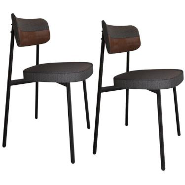 Imagem de Kit 02 Cadeiras Estofada Para Sala De Jantar Astrid Preto C01 Linho Preto Courino Whisky - Lyam Decor