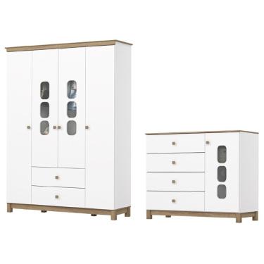 Imagem de Guarda Roupa 4 Portas e Comoda 4 Gavetas Aconchego Branco Jequitiba  Henn