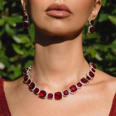 Imagem de Conjunto De Colar E Brincos De Cristal Vermelho Para Mulheres, Joias D
