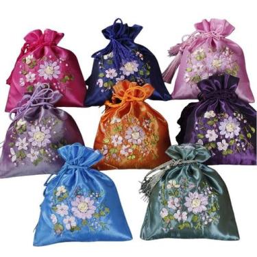 Imagem de Conjunto de sacolas de presente vintage floral acetinado, 8 peças, 13 