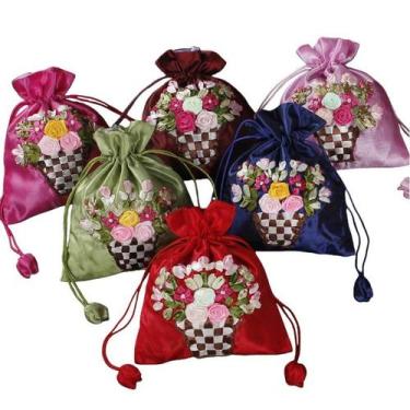 Imagem de Conjunto de sacolas de presente bordadas com fita, 10 bolsas florais c
