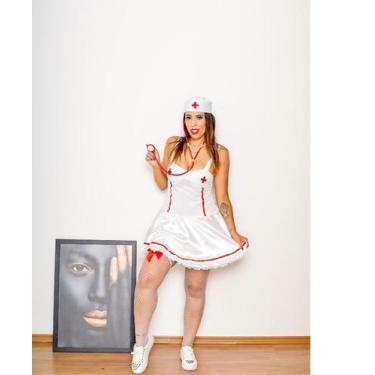 Imagem de Fantasia Halloween Vestido Enfermeira Branca Adulto Feminina Carnaval 