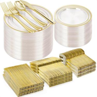 Imagem de Conjunto de pratos de plástico BESTVIP Clear Gold 600 unidades para 10