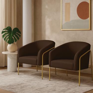 Imagem de Poltrona Sala Industrial Alta Stella Kit 2 Suede Dourado Marrom D03 D'Rossi