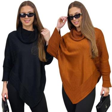 Imagem de Kit 2 Ponchos Bico Feminino Capa Tricô Mousse Liso Gola Alta Inverno C