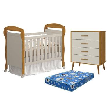 Imagem de Berço Americano Danny Com Colchão Ortobom E Cômoda Gaveteiro Isis Areia Savana Acetinado - Reller